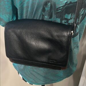 Derek Alexander Black Leather Messenger Bag with Brown Trim